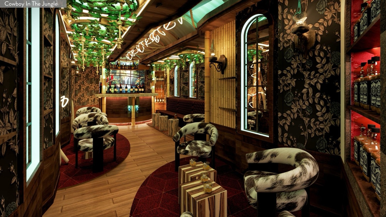 Cowboy In The Jungle whiskey bar with cowhide chairs