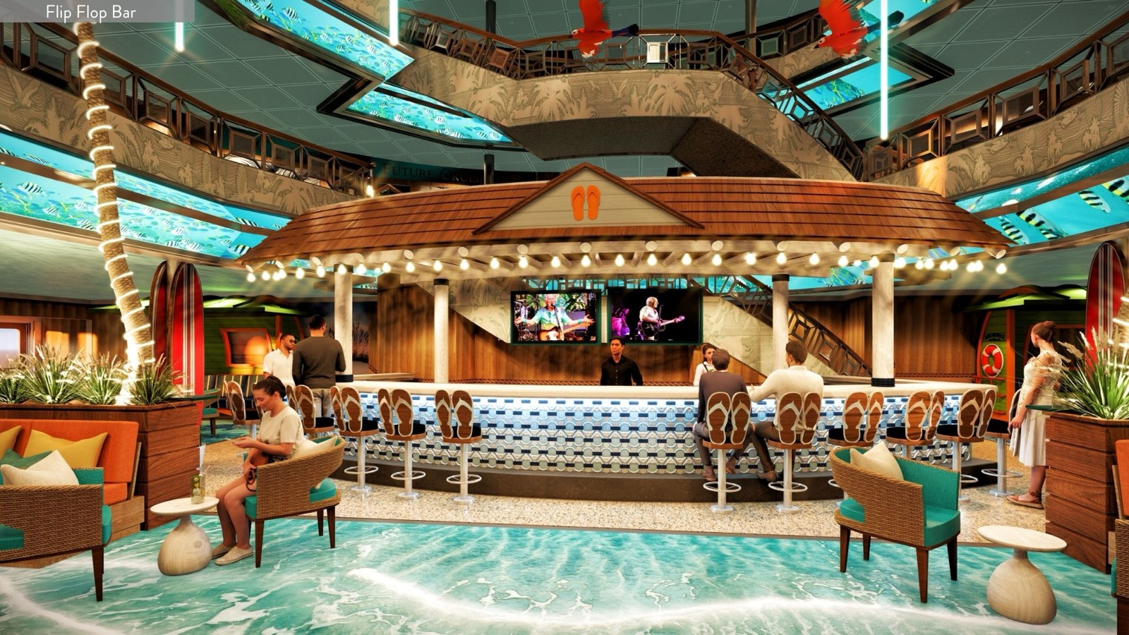 Flip Flop Bar in the atrium with tiki-style thatched roof