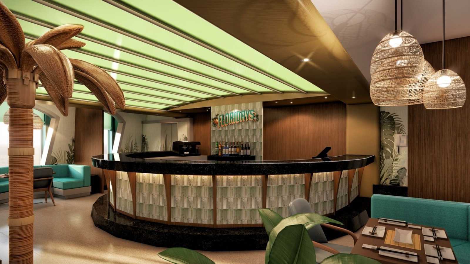 Floridays restaurant bar with palm decor