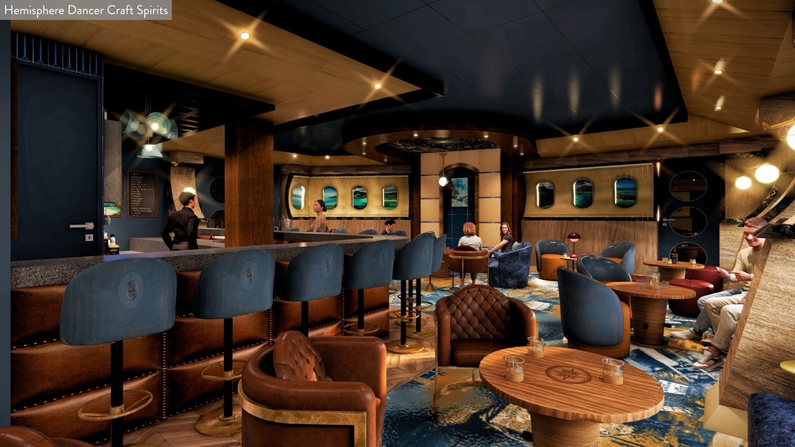 Hemisphere Dancer Craft Spirits lounge with porthole windows