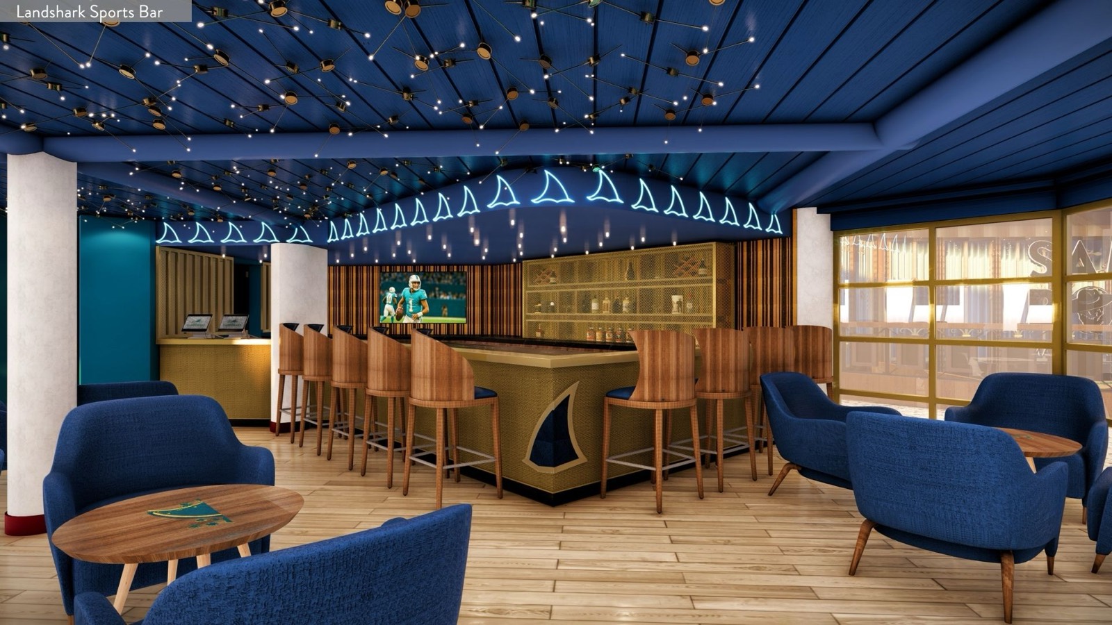 Landshark Sports Bar with neon shark fins and game-day screens