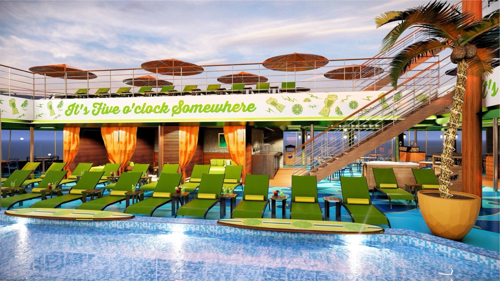 Resort-style pool deck with loungers and ocean views